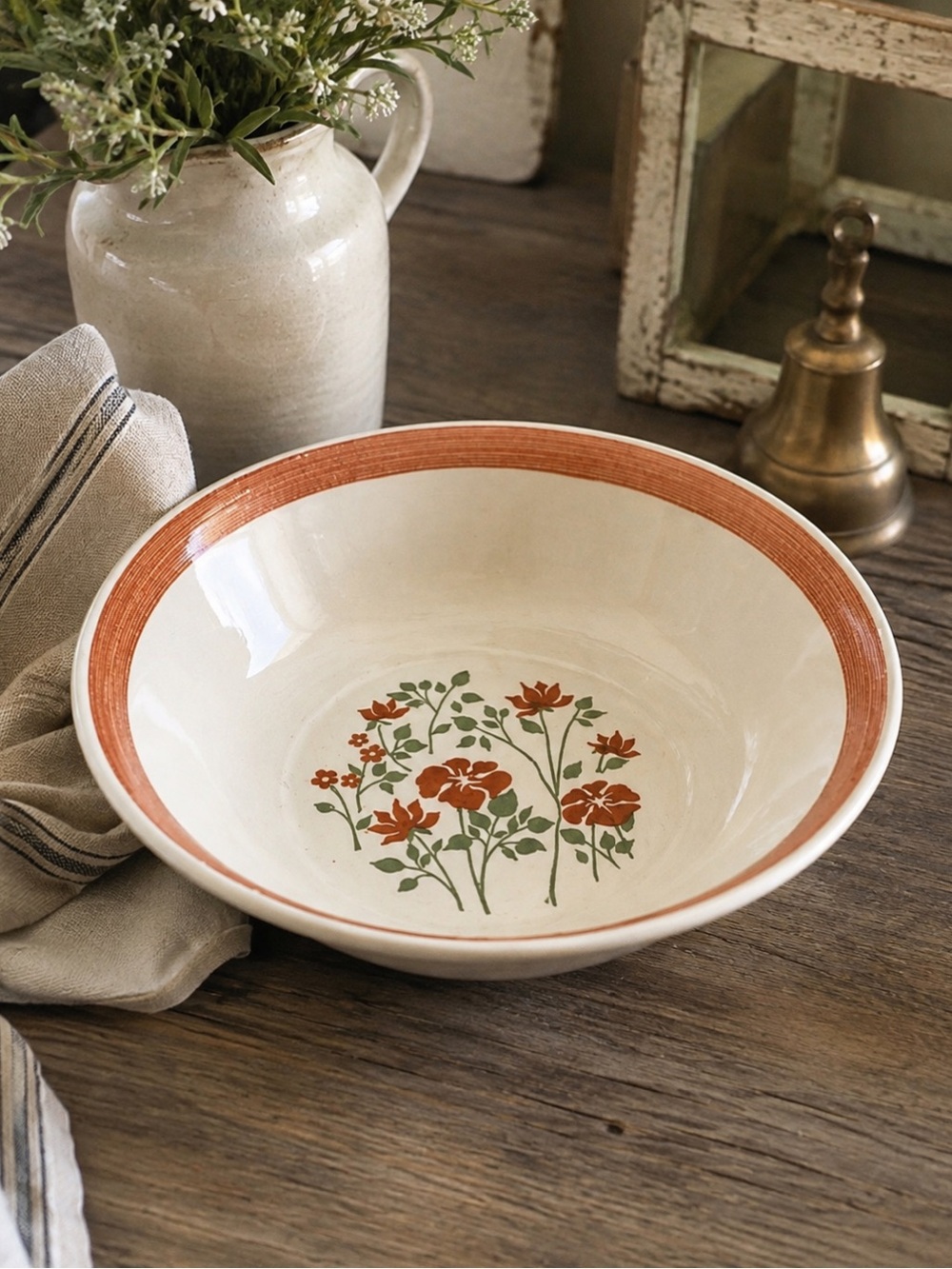 Vintage 50’s USA Floral Serving Bowl. Stoneware Orange/Green Accents 9.5”x 2.75”